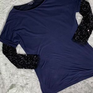 Gryphon navy black sequin sleeves top